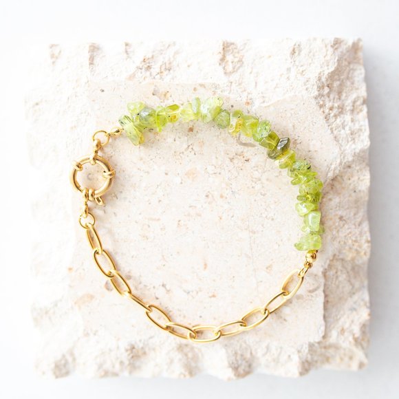 Green Peridot Natural Gemstone Bracelet with Gold Chunky Chain Bracelet beaded - Picture 1 of 5